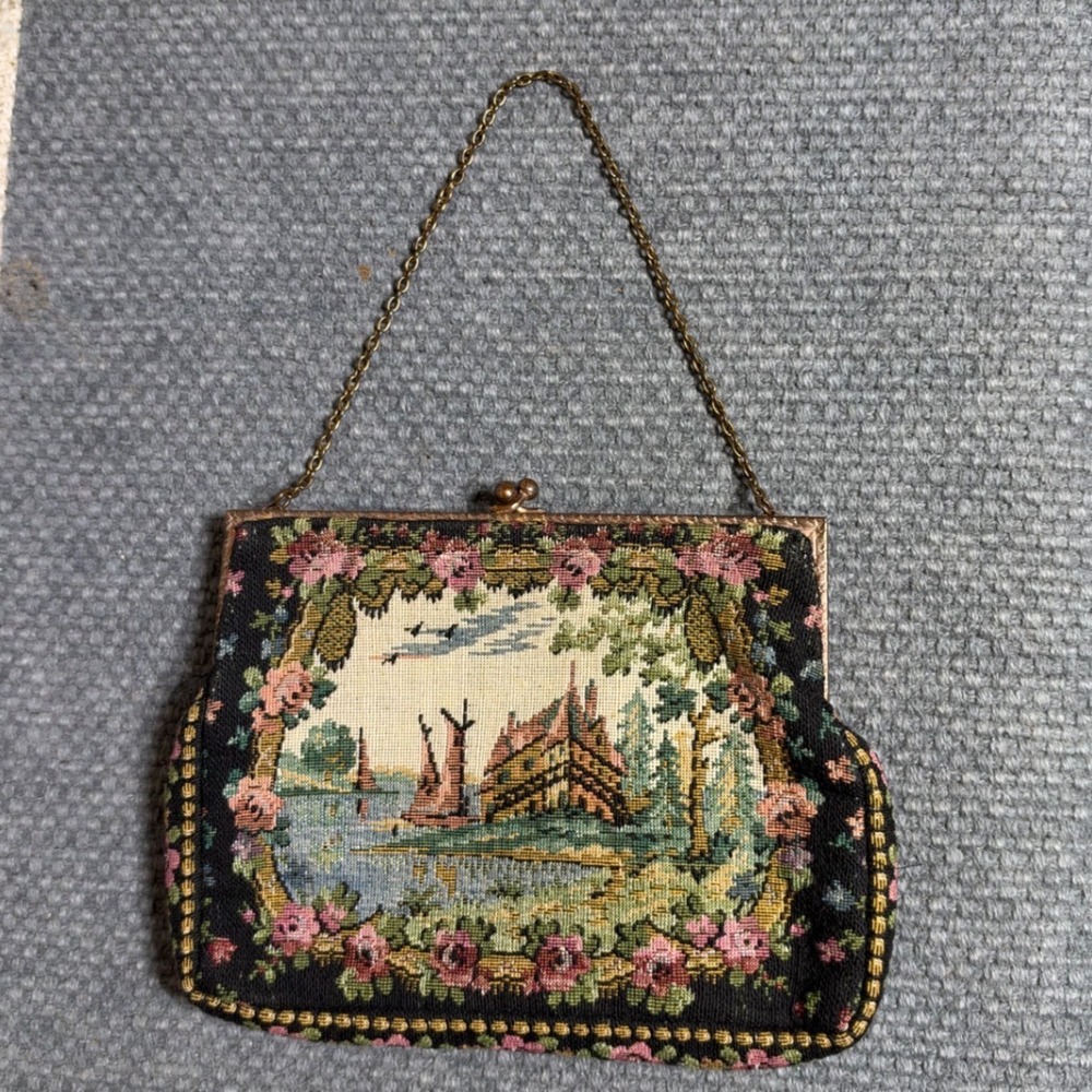 VTG Needlepoint Tapestry Evening Bag Windmill Scenic Floral Kiss Lock Purse Boho